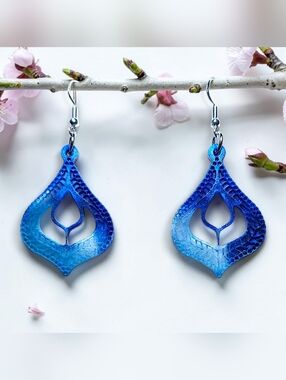 Bohemian Ocean Blue Resin Teardrop Earrings | Intricate Lace Pattern Dangles